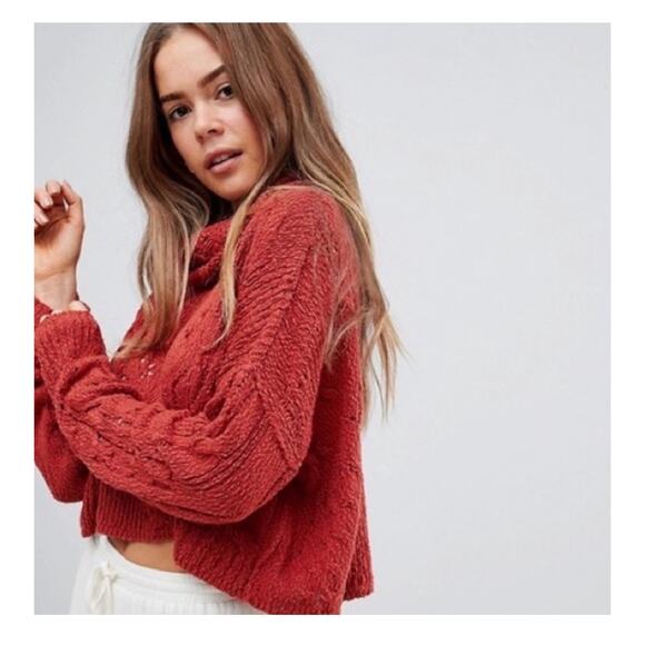 Free People Shades Of Dawn Pullover Sweater Size Large Cowl Neck Chunky Rust Red - Picture 7 of 11